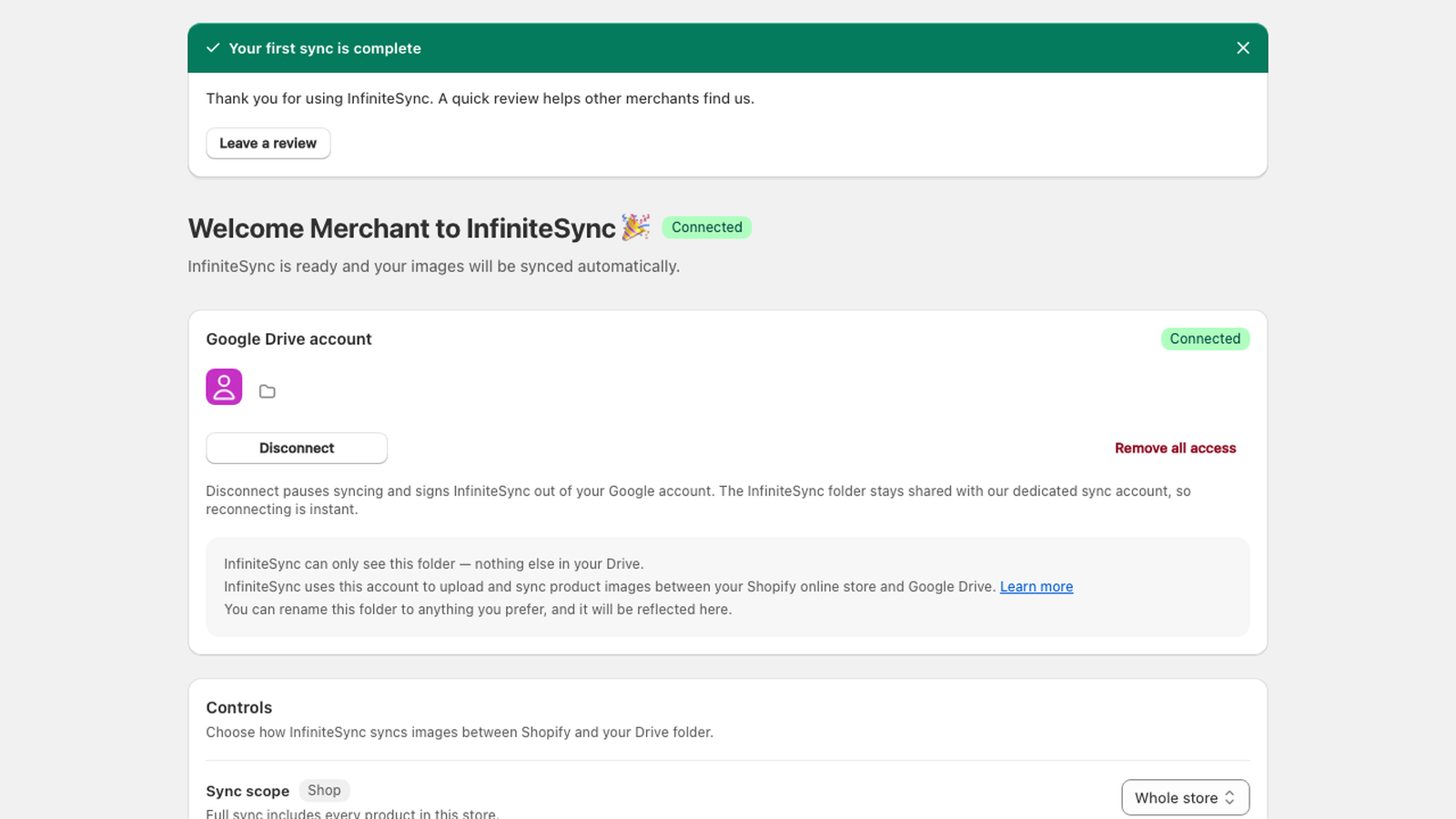 InfiniteSync showing a connected Google Drive account, completed first sync, and scoped Drive access